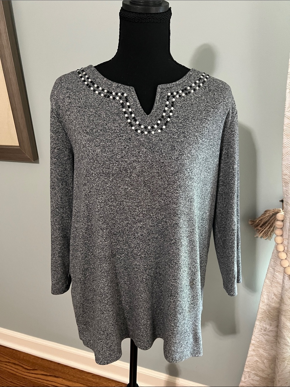Rafaella Gray Embellished V-Notch Knit Top